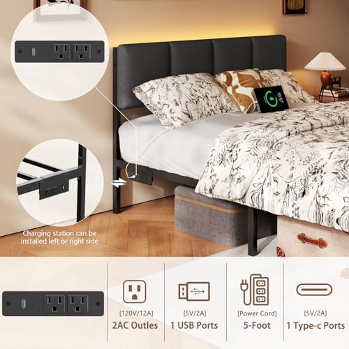 Full Size Bed Frame with Upholstered Headboard & 2 Storage Drawers