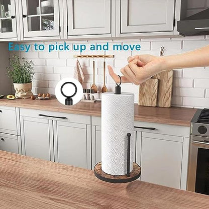 OROPY Paper Towel Holder Countertop, Heavy Duty Wood Base, Farmhouse Style | Paper Towel Holder Countertop with Weighted Base for Kitchen, fits Standard & Jumbo Size Paper Towels, Brown - Easy to Tear