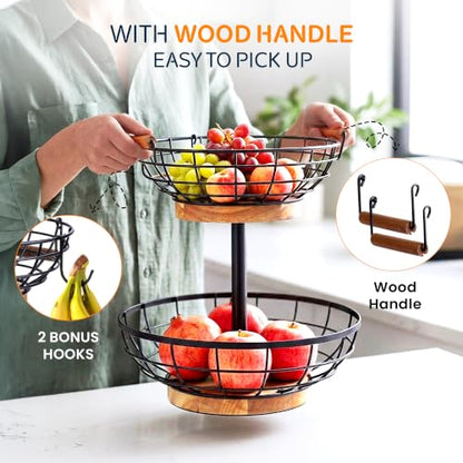 2 Tier Fruit Basket with Banana Hanger, Metal Fruit Bowl Stand with Wooden Base, Kitchen Counter Fruit Organizer for Vegetables, Bread, Snacks Storage Basket