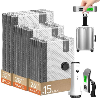 15 Pack Vacuum seal Bags for Clothing Travel with -60,000Pa Electric Pump & Luggage Scale, Space Saver Compression Bags for Suitcase, Travel Essentials to Check Luggage Weight & Avoid Overweight Fees