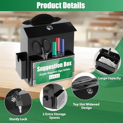 Metal Suggestion Box with Slot, Lockable Donation Box with Keys & 50 Cards | Wall/Tabletop Mounted Black Ballot Boxes, Magnetic Acrylic Sign Holder, 2 Storage Compartments, for Office School Church Shop