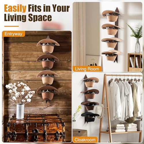 Cowboy Hat Rack Wall Mount - Rustic Wooden Western Metal Cowboy Hat Holder & Hanger Organizer with Arrow Sign Board for Bedroom, Hallway & Doorway - Holds 4 Hats, Fedora, Sun Hats, Gift for Him