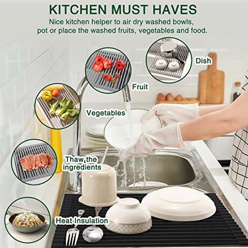 Roll Up Dish Drying Rack Over The Sink Kitchen Roll Up Sink Drying Rack Multipurpose Foldable Sink Drying Mat, Heat-Resistant, Anti-Slip & Anti-Rust Dish Rack for Kitchen, 17" x 13", Black