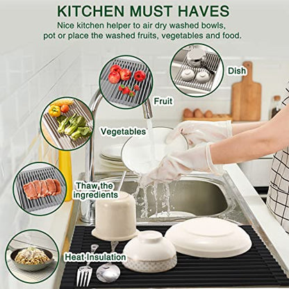 Roll Up Dish Drying Rack Over The Sink Kitchen Roll Up Sink Drying Rack Multipurpose Foldable Sink Drying Mat, Heat-Resistant, Anti-Slip & Anti-Rust Dish Rack for Kitchen, 17" x 13", Black