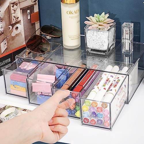 Desk Organizer with 4 Drawers, FODIENS Stackable Desktop Storage Box with Removable Drawer, Clear Sunglasses Organizer Display Case for Stationery Marker Pens Eyeglasses Office Supply