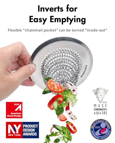 Upgraded Sink Drain Strainer, Patented Reversible Chain Mail Mesh | Anti-Slip Ring, Fast Drainage, Reversible Flip Clean, Rust-Proof, Universal 4.4-Inch, Large Capacity, Garbage Disposal Fit