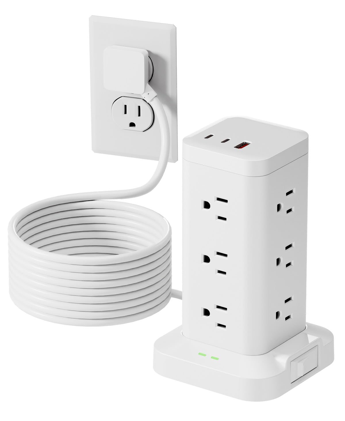 Power Strip Tower with Surge Protector 1800J, Fast Charging Tower PD20W USB-C Ports with 12 AC Outlets, Extension Cord for Home Office Dorm Room, 10ft, White