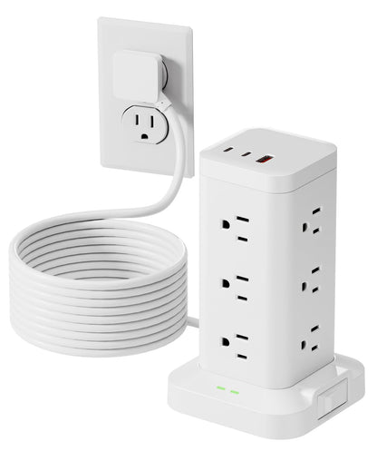 Power Strip Tower with Surge Protector 1800J, Fast Charging Tower PD20W USB-C Ports with 12 AC Outlets, Extension Cord for Home Office Dorm Room, 10ft, White