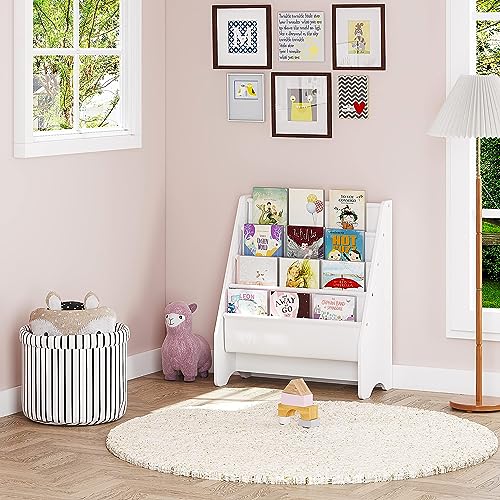 UTEX Kids Bookshelf Storage, Thick Cotton Sling Book Shelf for Kids Rooms | 4-Tier Toddler Magazine Book Rack, Children Book Organizer, Front Facing, Deep, Space Saving, Toddler Room, Gift, White