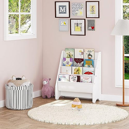 UTEX Kids Bookshelf Storage, Thick Cotton Sling Book Shelf for Kids Rooms | 4-Tier Toddler Magazine Book Rack, Children Book Organizer, Front Facing, Deep, Space Saving, Toddler Room, Gift, White
