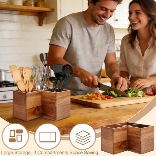 Extra Large Corner Utensil Holder with 3 Compartme... (Natural | Acacia Wood)