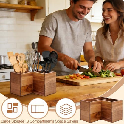 Extra Large Corner Utensil Holder with 3 Compartme... (Natural | Acacia Wood)