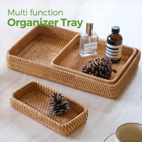 Rattan Serving Tray,Rectangle Wicker Storage Basket Set of 3 for Organizing | Natural Rattan, Decorative Serving Woven Trays Wicker Baskets for Storage, Home Decor, Bathroom, Kitchen Counter