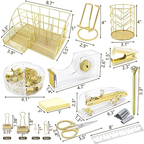 Office Desk Organizers, Gold 13PCS Office Supplies and Accessories Desk Organizer, Acrylic Stapler, Staple Remover, Clips, Scissor, Phone Holder, Pen, Pen Holder