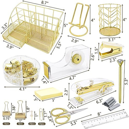 Office Desk Organizers, Gold 13PCS Office Supplies and Accessories Desk Organizer, Acrylic Stapler, Staple Remover, Clips, Scissor, Phone Holder, Pen, Pen Holder