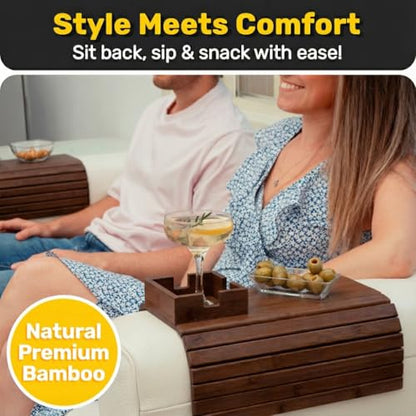 Bamboo Couch Cup Holder, Foldable Couch Armrest Table, Non-Slip Couch & Sofa Arm Tray for Drinks & Snacks - Brown