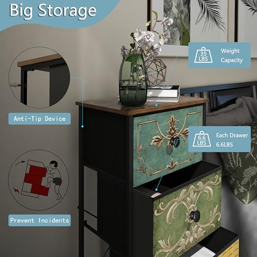 Small Dresser for Bedroom with Retro Flower Narrow Drawers Slim Chest of Drawers Skinny Nightstand Sofa End Table for Living Room Entryway Closet Storage (Multi, 3 Drawers)