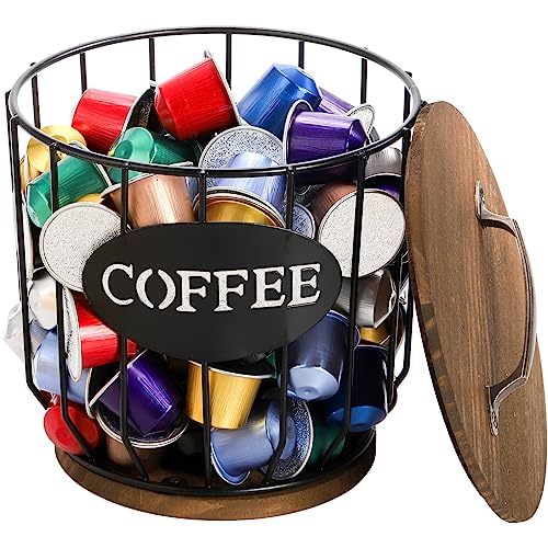 Coffee Pod Holder with Lid, Large Capacity K Cup H... (black | Metal, Wood)