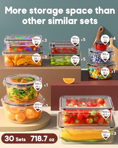 60 PCS Food Storage Containers with Lids Airtight, (30 Lids & 30 Containers) Leak proof Containers Set for Kitchen, Meal Prep, BPA-Free, PVC-Free Plastic, Microwave/Dishwasher Safe, Extra Labels & Pen