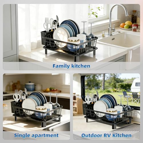 Dish Drying Rack for Kitchen Counter,Stainless Steel,Black | Space Saving,New Drain Outlet,Rotating Spout & Angled Drainboard for Quick Drainage,Removable Utensil Holder