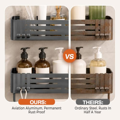 Lekesky Suction Cup Shower Caddy, No Drill Shower Shelf, Aluminum Rust Proof Bathroom Shower Organizer with 12 Hooks (2-Pack, Gunmetal Gray)