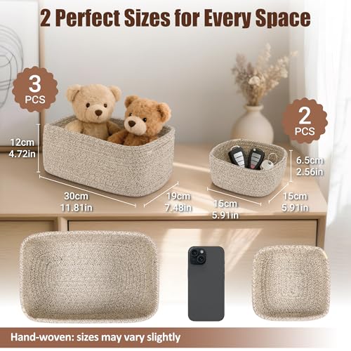 5-Pack Small Woven Rope Storage Baskets, 2 Sizes Organizer Bins | Fabric Cube Boxes and Rectangular Shallow Bins for Closet, Shelf, Bookshelf, Nursery, Changing Table, Bathroom, Toys & Home