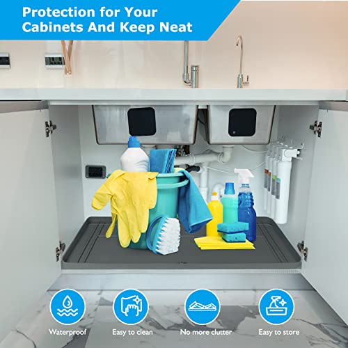 Under Sink Mats for Kitchen Waterproof 34"x22",Grey | Cut to Fit Design for Various Sizes, Leak-Proof Cabinet Protection,Durable Silicone Material,Versatile Home Use