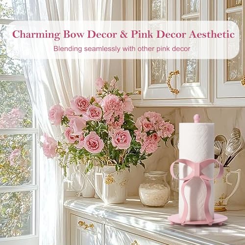 Pink Bow Paper Towel Holder Coutertop - Bow Accent Paper Towel Holder, Pink Kitchen Decor and Accessories, Coquette Room Decor Girly Gifts for Women, 3D Handmade Pattern, Weighted Base