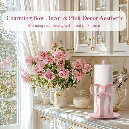 Pink Bow Paper Towel Holder Coutertop - Bow Accent Paper Towel Holder, Pink Kitchen Decor and Accessories, Coquette Room Decor Girly Gifts for Women, 3D Handmade Pattern, Weighted Base