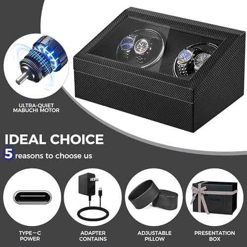 BEWISHOME Watch Winders for Automatic Watches, 4 Watch Winder | 6 Storage Case with Quiet Japanese Motor, Automatic Watch Winder Box Watch Rotator with Type-C Adapter, Carbon Fiber SYQ31C