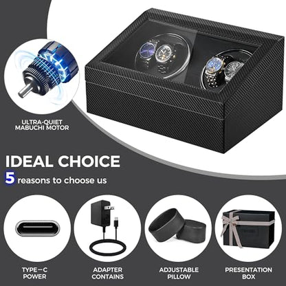 BEWISHOME Watch Winders for Automatic Watches, 4 Watch Winder | 6 Storage Case with Quiet Japanese Motor, Automatic Watch Winder Box Watch Rotator with Type-C Adapter, Carbon Fiber SYQ31C
