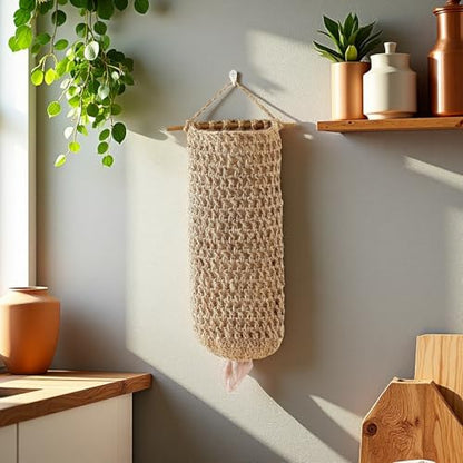 Plastic Bag Holders for Grocery Bags – Handwoven Jute Grocery Bag Holder, Rustic Plastic Bag Organizer for Kitchen – Bag Holder for Plastic Bags Groceries Store (Natural Hemp)
