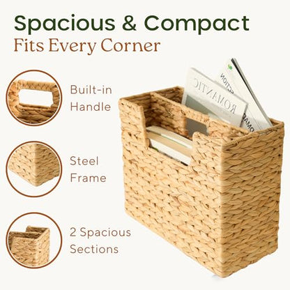 Wicker Magazine Basket Water Hyacinth Handwoven Magazine Holder | Decorative Handwoven Magazine Rack Floor, Organizer for Files, Books, Newspapers, Documents For Office, Living Room, Bathroom
