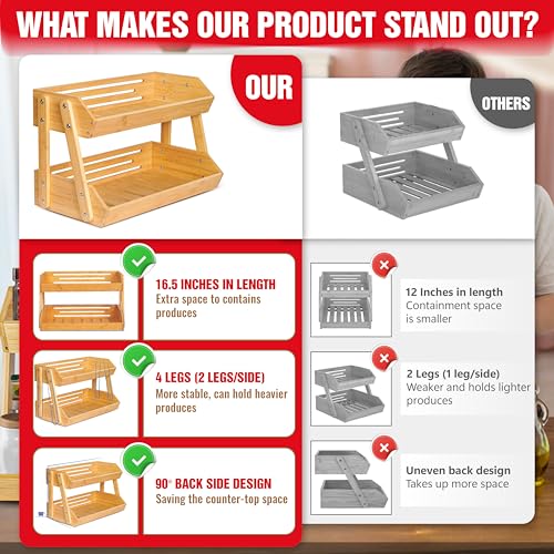 16.5" Fruit Stand Storage Holder 4 Sturdier Legs, 2-Tier Fruit Basket Bowl | Premium Produce Basket for Kitchen, Bamboo Fruit Bowl Holder for Fruit, Vegetables, Bread, Snacks, Countertop Organizer