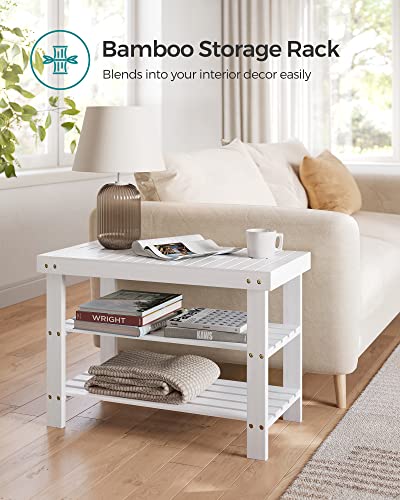 SONGMICS Shoe Rack Bench, 3-Tier Bamboo Shoe Storage Organizer, Entryway Bench, Holds Up to 286 lb, 11.3 x 27.6 x 17.8 Inches, for Entryway Bathroom Bedroom, Cloud White ULBS004W01