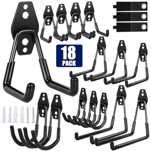 18 Pack Garage Hooks, Anti-Slip Coating, Hooks for Hanging Heavy Duty for Garages, Bicycles, Ladders, Gardening, Tools, Including 3 Organizing Straps