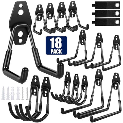 18 Pack Garage Hooks, Anti-Slip Coating, Hooks for Hanging Heavy Duty for Garages, Bicycles, Ladders, Gardening, Tools, Including 3 Organizing Straps