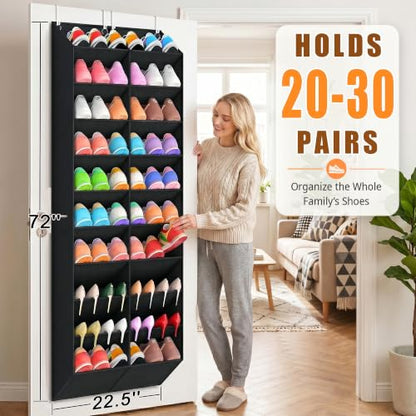 20-30 Pairs Over the Door Shoe Organizer, Breathable Pockets Hanging Shoe Storage for Closet, 10-Tier Door Shoes Rack, Handing Shoes Holder Fit All the Family's Sneakers, Boots, Heels, Black