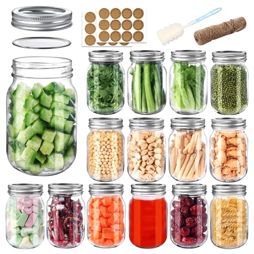 PINIWON Mason Jars 16 oz with Lids and Bands, 15 Pack Pint Canning Jars