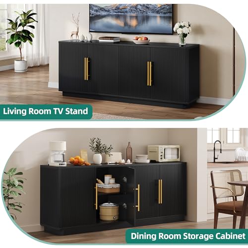 YITAHOME 70" TV Stand for up to 80" TVs with 4 Fluted Doors, Black Oak | Entertainment Center with 4 Fluted Doors, for Living Room, Ample Storage, Fits up to 80 Inch TVs, Media Console