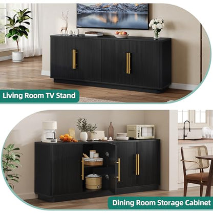 YITAHOME 70" TV Stand for up to 80" TVs with 4 Fluted Doors, Black Oak | Entertainment Center with 4 Fluted Doors, for Living Room, Ample Storage, Fits up to 80 Inch TVs, Media Console