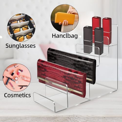Acrylic Wallet Display Stand Purse Handbag Organizer, Clear Jewelry Riser Display Stand Purse Display Rack, Acrylic Display Shelf for Cosmetic Perfume Jewelry Sunglasses Handbag (4 Tier)