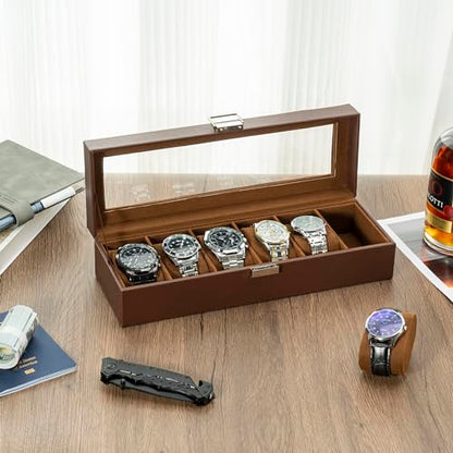 ProCase Watch Box, Fathers Day Gift for Dad, 6 Slot Mens Watch Case, Watch Storage Holder Organizer, Watch Display Case with Glass Lid, Anniversary Birthday Gifts -6 Slot, Espresso