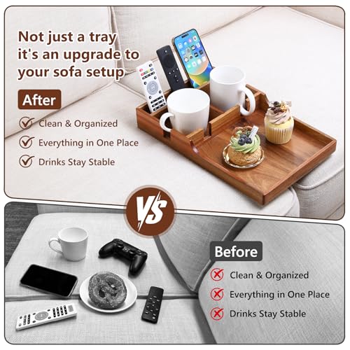 Couch Insert Tray for Middle Seat, Acacia Wood Couch Table with 2 Cup Holders, Fits Armless Sofa & Sectionals, Fold-Flat Tray for Drinks, Snacks & Remotes
