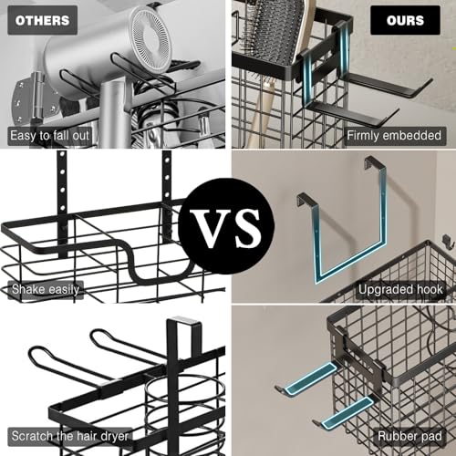 Hair Dryer Holder Cabinet Door, Adhesive Hair Tool Organizer Wall Mount Adjustable Height Blow Dryer Holder Under Sink/Countertop for Flat Curling Iron, Hair Brush and Straightener (1, Black)