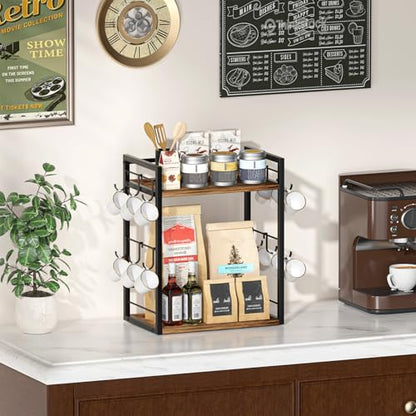 Dorhors Coffee Bar Organizer,Mug Holder,Station Organizer Kitchen Counter | 2 Tier Rustic Brown Wood Coffee Bar Accessiries with 12 Hooks,Countertop Shelf for Mug,Syrup and Accessories