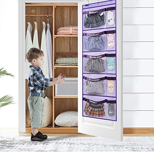 Weekly Kids Clothes Organizer Day of Week School Clothing Storage Monday to Friday Hanging Closet Organizer (Purple)
