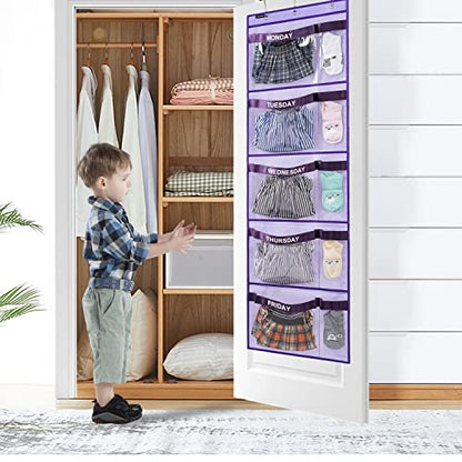 Weekly Kids Clothes Organizer Day of Week School Clothing Storage Monday to Friday Hanging Closet Organizer (Purple)