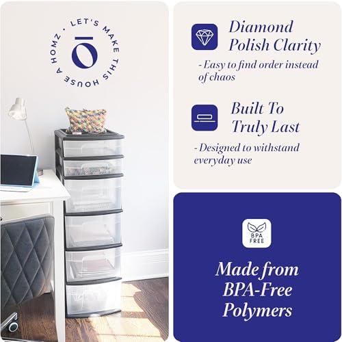 HOMZ Drawer Tower, 6-Tier Storage Cart with Removable Wheels, Black Frame | Plastic Organizer with Clear Bin Drawers for Bedroom, Bathroom, Home Office, and Dorm Rooms