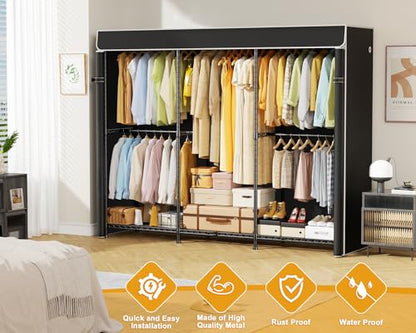 E14C Pro Heavy Duty Closet Organizer System，Freestanding Clothing Racks for Hanging Clothes，Adjustable Garment Rack 69" W × 16" D × 77" H Hold 960 lbs，Black Rack with Black Dustproof Cover